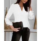V-Neck Roll Tab Sleeve Eyelet Embroidery Shirt Top