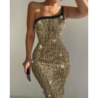 Glitter Lurex One Shoulder Spaghetti Strap Slim Fit Bodycon Allover Sequin Midi Evening Dress