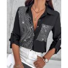 Roll Tab Sleeve Button Down Contrast Sequin Shirt