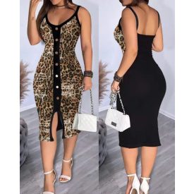   Leopard Pattern Contrast Sequin V Neck Sleeveless Bodycon Dress Metal Button Front Slim Fit Party Dress