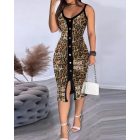 Leopard Pattern Contrast Sequin V Neck Sleeveless Bodycon Dress Metal Button Front Slim Fit Party Dress