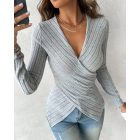 Wrap V Neck Long Sleeve Slim Fit Going Out Top Ribbed Asymmetrical Hem Fall Blouse