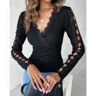 V-Neck Lace Patch Long Sleeve Top Criss Cross Hollow-out Shirt