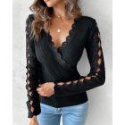 V-Neck Lace Patch Long Sleeve Top Criss Cross Hollow-out Shirt