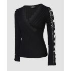 V-Neck Lace Patch Long Sleeve Top Criss Cross Hollow-out Shirt