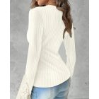 Bell Sleeve Fashion V Neck Lace Patchwork Blouse Casual Slim Fit Ribbed Tops