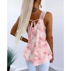 Glitter Lurex Love Heart Pattern Rose Print Contrast Lace Thick Strap Layered Tied Detail Chiffon Tank Romantic Top