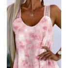 Glitter Lurex Love Heart Pattern Rose Print Contrast Lace Thick Strap Layered Tied Detail Chiffon Tank Romantic Top