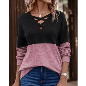 Colorblock Criss Cross Front Drop Shoulder Top