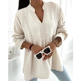   Notch Neck Long Sleeve Shirt Contrast Lace Loose Fit Casual Blouse