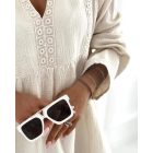 Notch Neck Long Sleeve Shirt Contrast Lace Loose Fit Casual Blouse