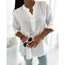   Roll Up Sleeve Hollow Out Shirt Button Front Casual Blouse Top