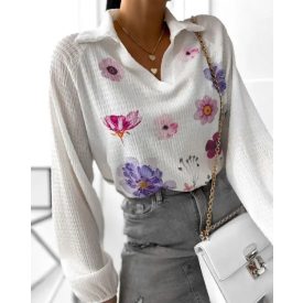   Floral Print Polo Collar Long Sleeve Blouse Casual Pullover Shirt Top
