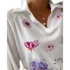 Floral Print Polo Collar Long Sleeve Blouse Casual Pullover Shirt Top