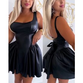   PU Leather U Neck Spaghetti Strap Ruched Mini Dress Tied Detail A Line Dress