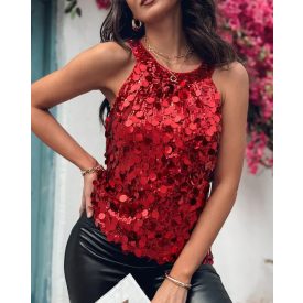   Round Neck Sequin Sleeveless Tank Top Casual Slim Fit Party Clubwear