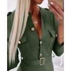 Round Neck Button Front Long Sleeve Bodycon Dress Casual Pocket Design Slim Fit Midi Dress with Belt