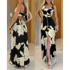 Floral Print V-Neck Adjustabble Spaghetti Strap Maxi Dress Casual Button Front Slit A Line Dress