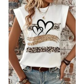   Leopard Print Heart Pattern Cap Sleeve T Shirt Casual Loose Fit Tank Top