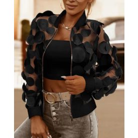  Floral Embroidery Baseball Collar Long Sleeve Coat Sheer Mesh Patch Zip Up Jacket
