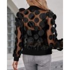 Floral Embroidery Baseball Collar Long Sleeve Coat Sheer Mesh Patch Zip Up Jacket