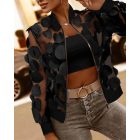 Floral Embroidery Baseball Collar Long Sleeve Coat Sheer Mesh Patch Zip Up Jacket