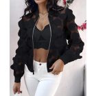 Floral Embroidery Baseball Collar Long Sleeve Coat Sheer Mesh Patch Zip Up Jacket