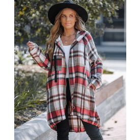   Plaid Pattern Shacket Zipper Design Oversized Longline Casual Hooded Coats with Pockets