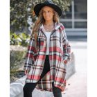 Plaid Pattern Shacket Zipper Design Oversized Longline Casual Hooded Coats with Pockets