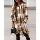 Plaid Pattern Shacket Jacket Zip Up Oversized Longline Shirt Casual Hooded Coats with Pockets