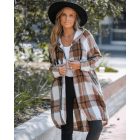 Plaid Pattern Shacket Jacket Zip Up Oversized Longline Shirt Casual Hooded Coats with Pockets