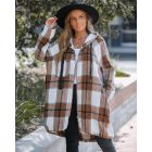 Plaid Pattern Shacket Jacket Zip Up Oversized Longline Shirt Casual Hooded Coats with Pockets
