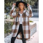 Plaid Pattern Shacket Jacket Zip Up Oversized Longline Shirt Casual Hooded Coats with Pockets
