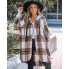 Plaid Pattern Shacket Jacket Zip Up Oversized Longline Shirt Casual Hooded Coats with Pockets