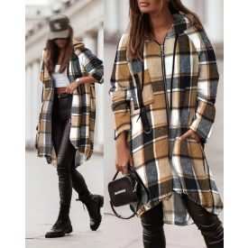   Plaid Pattern Shacket Full Zip Up Pocket Design Oversized Longline Casual Hooded Coats