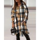 Plaid Pattern Shacket Full Zip Up Pocket Design Oversized Longline Casual Hooded Coats