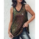 V-Neck Allover Sequin Thick Strap Sleeveless Tank Casual Top