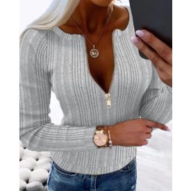   Crewneck Long Sleeve Ribbed Top Half Zipper Design Casual Pullover Tops