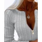 Crewneck Long Sleeve Ribbed Top Half Zipper Design Casual Pullover Tops