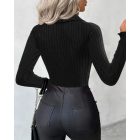 Turn-down Collar Frill Hem Rhinestone Decor Ribbed Top