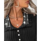 Turn-down Collar Frill Hem Rhinestone Decor Ribbed Top