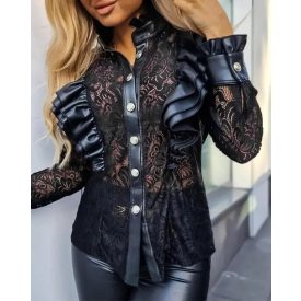 PU Leather Stand Collar Buttoned Ruffles Lace Patchwork Top