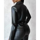 PU Leather Stand Collar Buttoned Ruffles Lace Patchwork Top