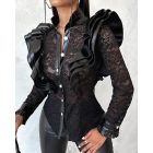 PU Leather Stand Collar Buttoned Ruffles Lace Patchwork Top