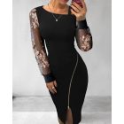 Floral Pattern Contrast Sequin Cold Shoulder Bodycon Dress Zip Up Sheer Mesh Patch Midi Dress