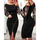 Floral Pattern Contrast Sequin Cold Shoulder Bodycon Dress Zip Up Sheer Mesh Patch Midi Dress