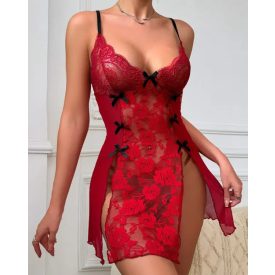   Lace V Neck Bowknot Decor Sleeveless Babydolls Sexy See Through Teddy Sleepwear
