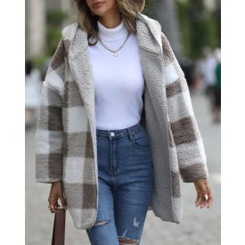   Women's Fleece Plaid Pattern Long Sleeve Fuzzy Hooded Coat Outfit