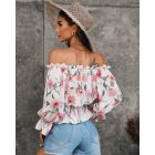 Off Shoulder Floral Print Lantern Sleeve Top