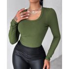 ChicMe Built-in Bra U-Neck Long Sleeve Ribbed Top